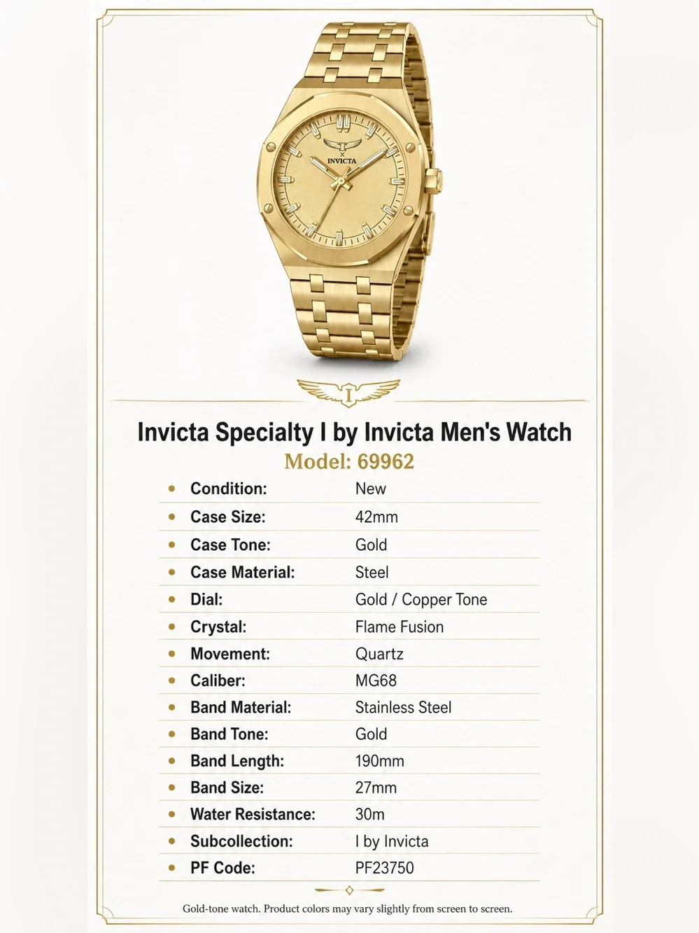 Invicta Specialty I Men's 42mm Gold Tone Quartz Watch 69962 NIB